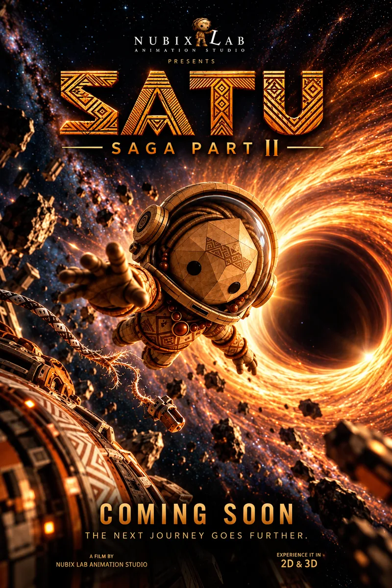 SATU Saga Part II poster: Satu in a spacesuit drifting towards a black hole. Coming soon.